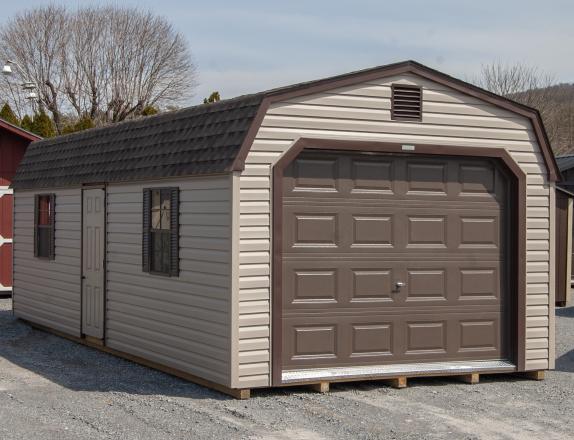 12x28 One-Car Portable Garage with Dutch Barn Roofline and Vinyl Siding