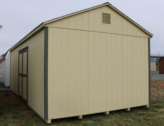 Pine Creek 12x24 HD Peak Barn with Beige walls, Avocado trim, and Weatherwood shingles